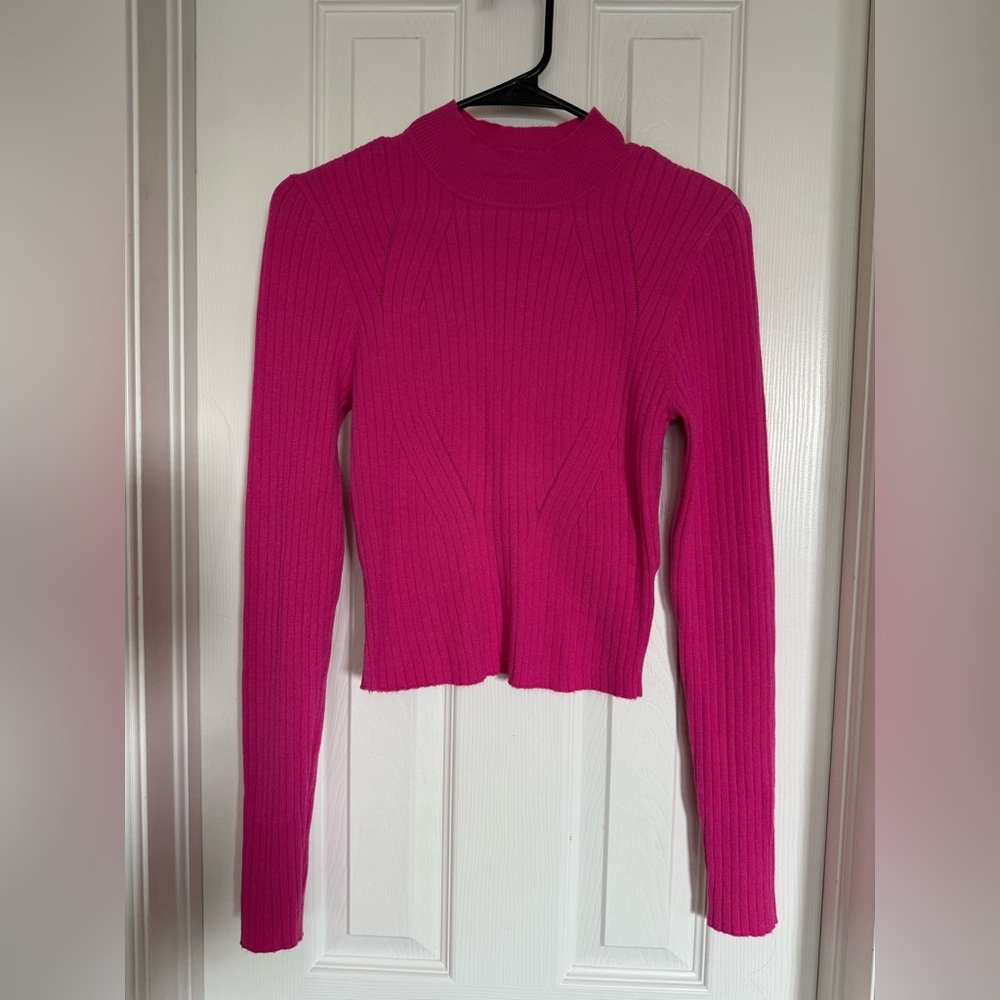 Gianni Bini Hot Pink Ribbed Long Sleeve Mock Neck Sweater